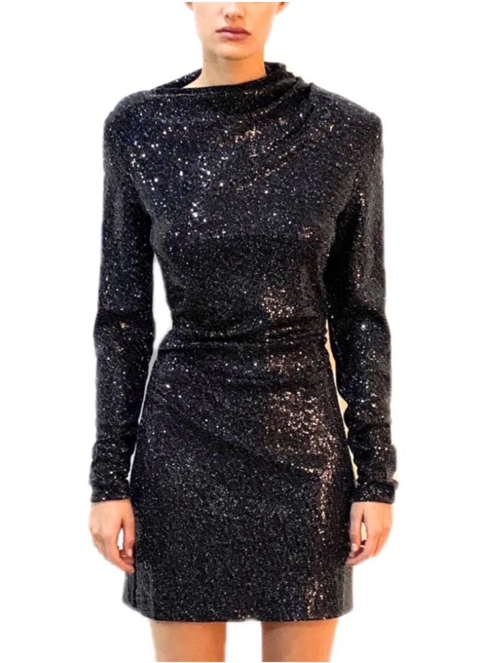 🖤 Zara Draped Sequin Mini Dress with Shoulder Pads Size Small